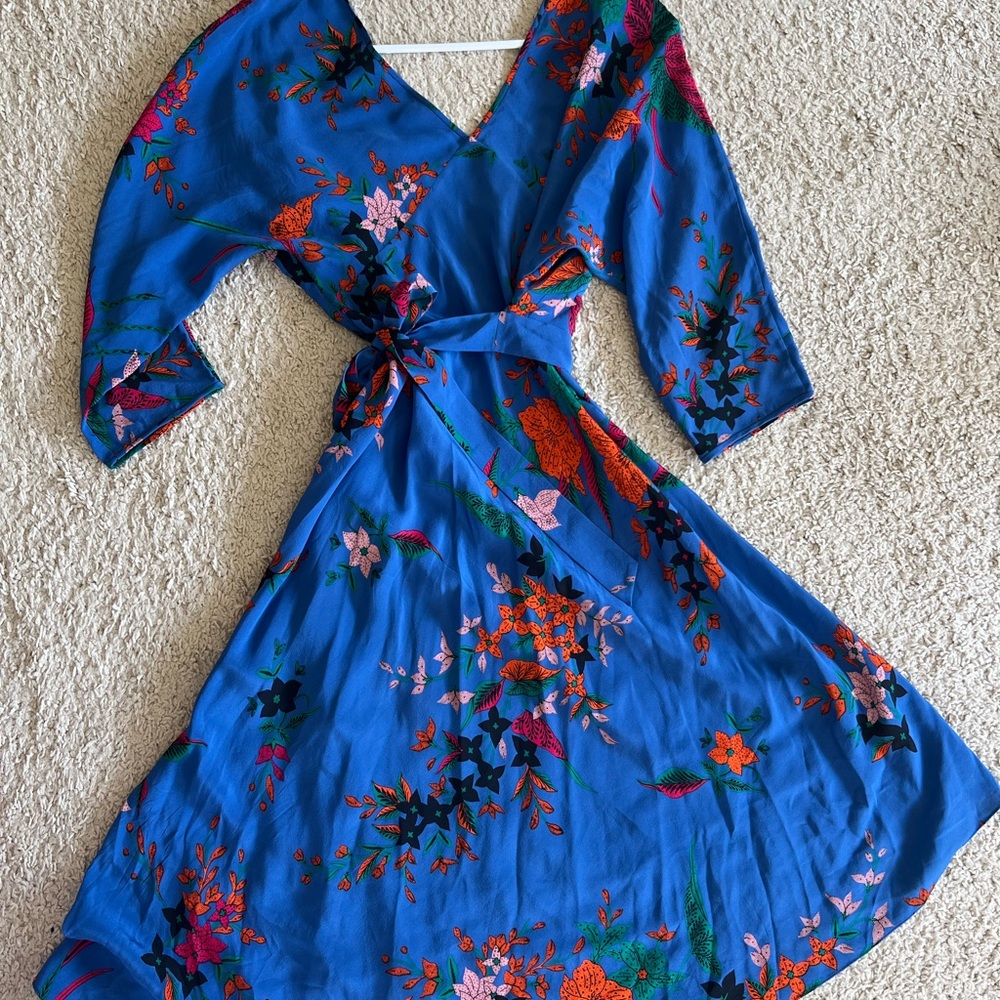 Diane Von Furstenberg Blue Floral Wrap Dress with Bishop Sleeves